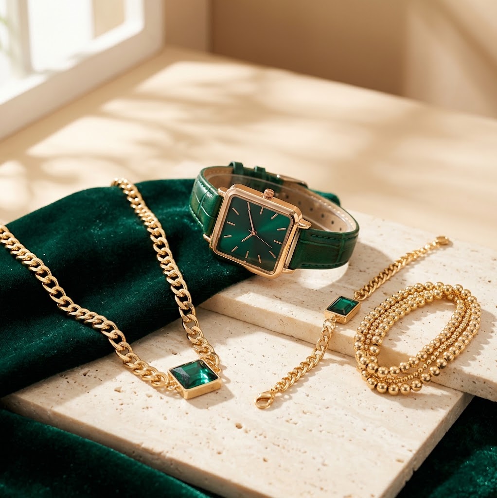 COMBO RELOJ QUERENCIA ´VERDI´  DE CUARZO Y JOYERIA